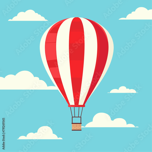 colorful red and white hot air balloon ascends into a clear blue sky, casting a round shadow on the grassy field below