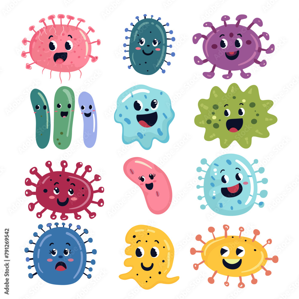 friendly group of colorful bacteria with smiley faces, magnified for a closer look friendly group of colorful bacteria with smiley faces, magnified for a closer look