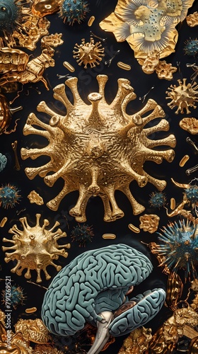 Neurotropic Viruses illustrated alongside gold recycling processes, symbolizing the transformation and reutilization in different contexts photo