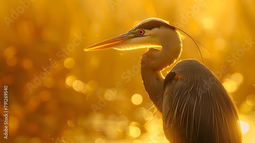 Beautiful close-up of a great blue heron in hazy sunlight