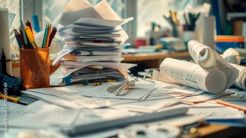Defocused background showcasing an architects cluttered table with stacks of papers rolls of plans and tered pencils and erasers. . photo