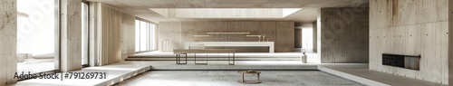 An interior in which concrete metal and bronze materials are used designed by Jacquemus  front view  
