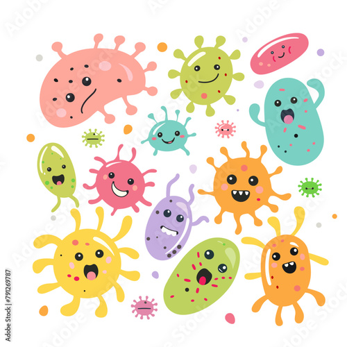 Close-up of cute cartoon microbes with happy expressions, floating together