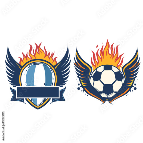 Two flaming soccer balls clash inside a winged shield, symbolizing intense athletic rivalry