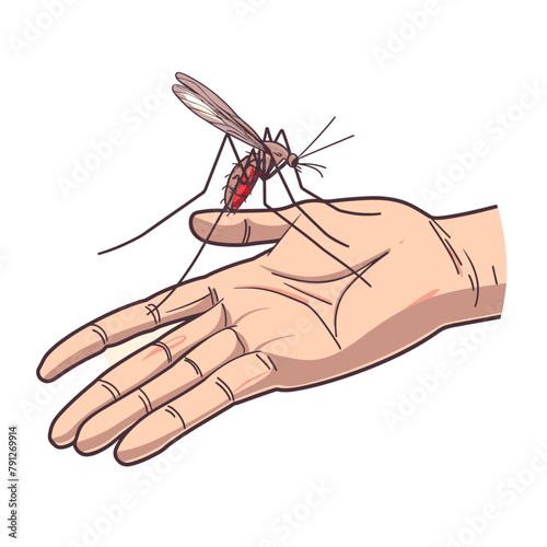 close-up of a mosquito with red, blood-filled abdomen perched on human skin