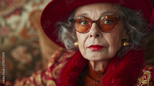 A fashion editorial photo of an old lady