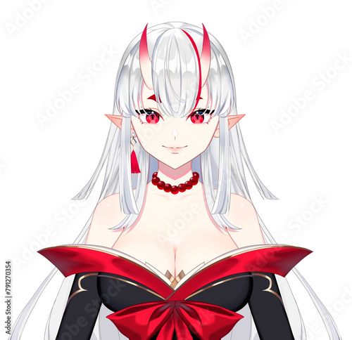 Anime japanese vtuber oni model. vtuber illustration with separate parts. girl in a red dress with a fan
