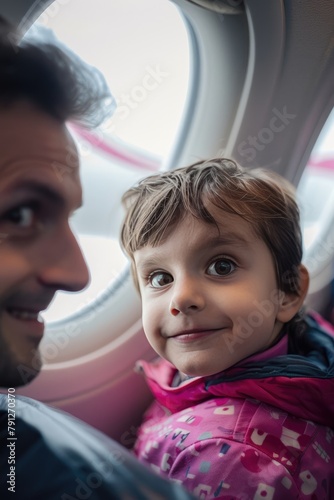 an airplane has two windows with a man and a young boy inside, in the style of webcam photography,  © chaynam