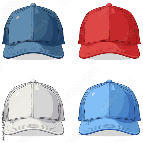 Four casual baseball caps in a variety of colors, perfect for everyday wear or adding a sporty touch to an outfit photo