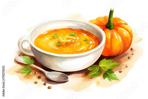 Pumpkin soup with cream and parsley. Hand drawn watercolor illustration