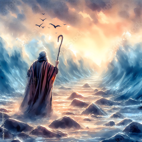 Cinematic realist portrayal of Moses, standing firm with his staff raised, as the Red Sea parts miraculously photo