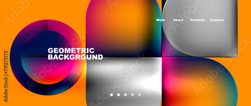 A vibrant geometric design featuring circles and squares in electric blue and amber hues on an orange background. Closeup pattern with a colorful and modern look