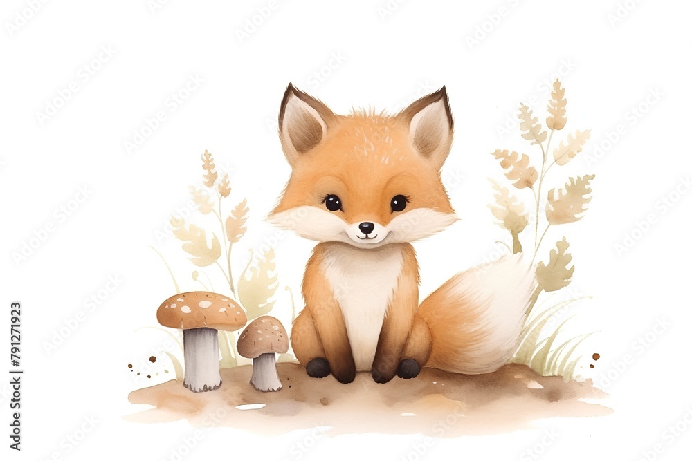 Obraz premium Cute watercolor fox and mushrooms isolated on a white background.