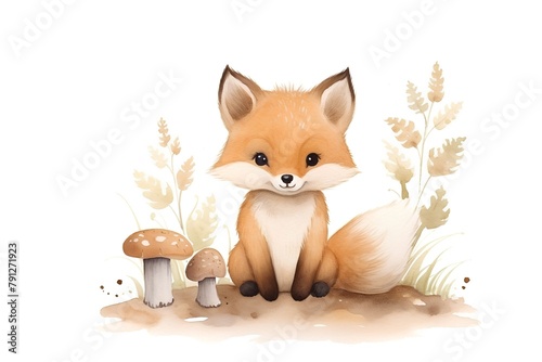 Cute watercolor fox and mushrooms isolated on a white background.