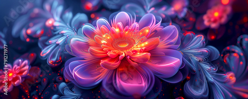 a blue and orange flower with glowing petals on a dark background