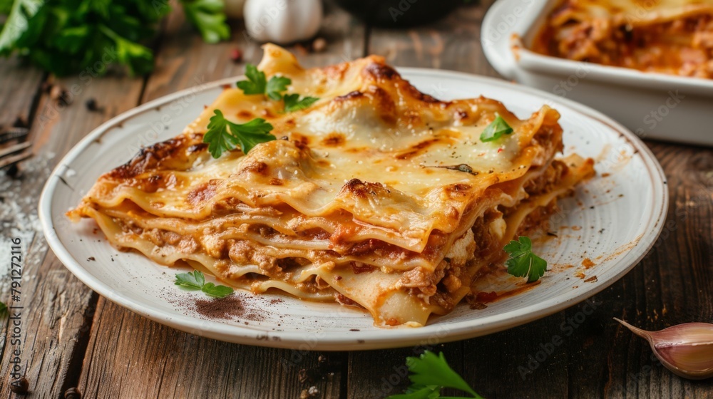 Plate of lasagna with fork and wine Plate of lasagna with fork and wine