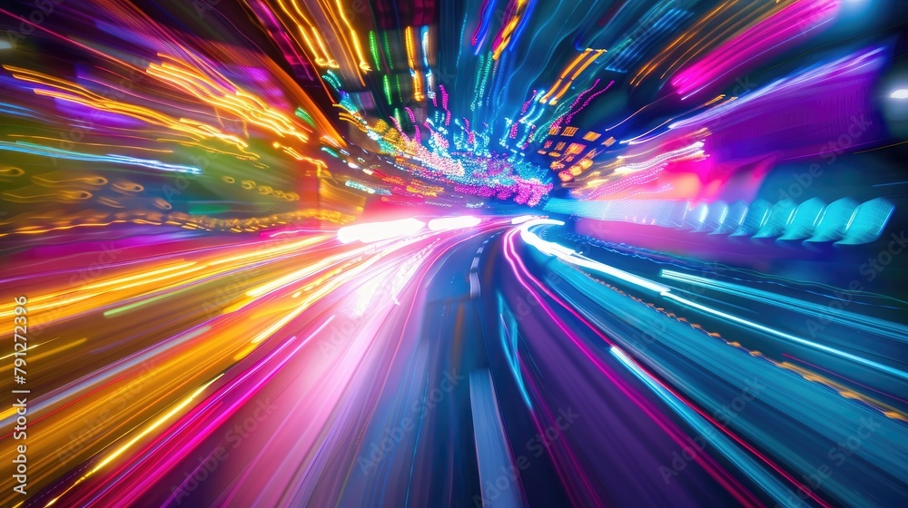 Obraz premium Blurred motion of colored lights creating a dynamic speed effect