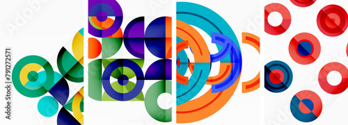 A vibrant graphic design featuring circles and triangles in electric blue and magenta hues, showcasing the use of geometric patterns and plastic materials