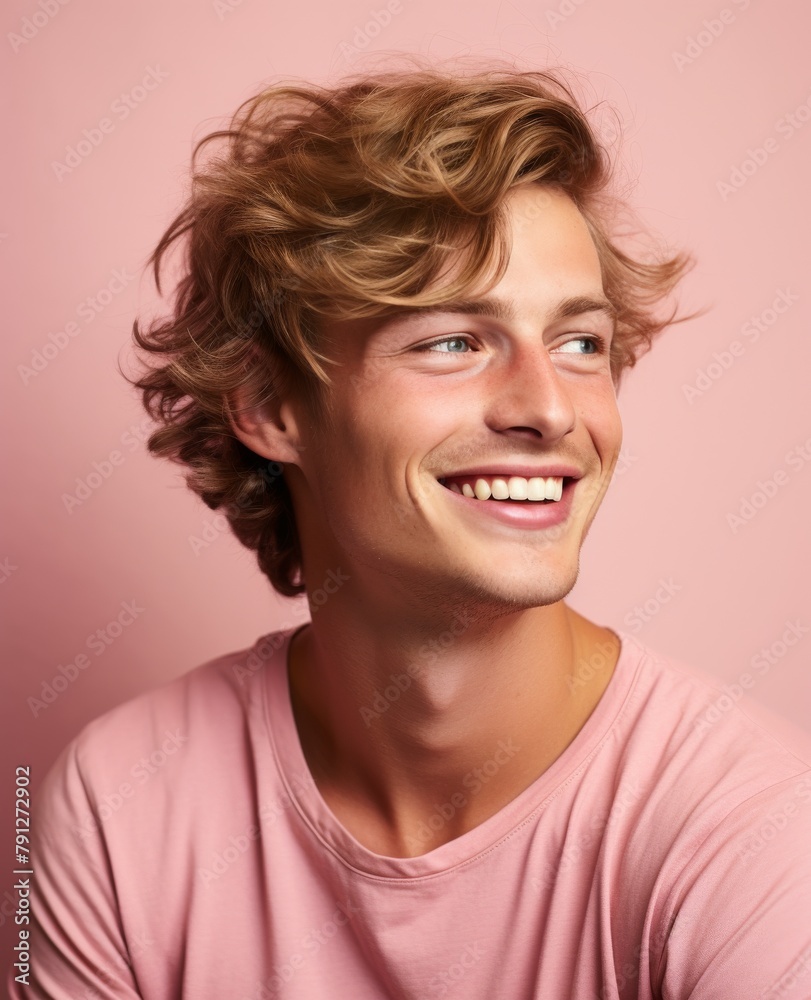 A young man with a pink shirt is smiling A young man with a pink shirt is smiling