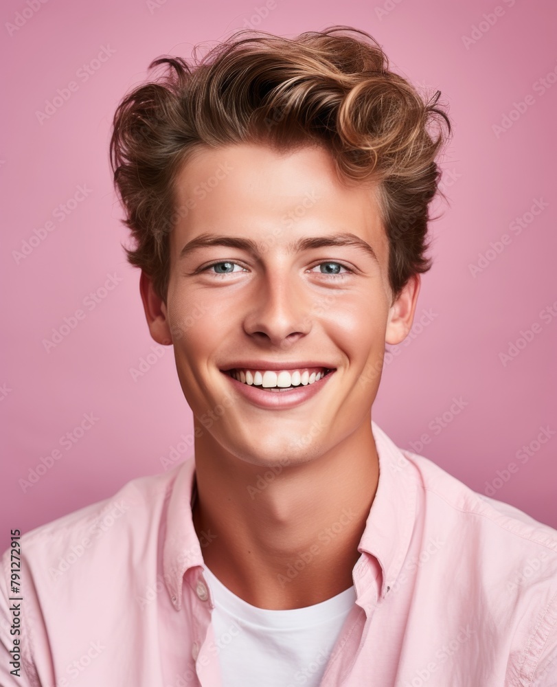 A young man with a pink shirt is smiling A young man with a pink shirt is smiling