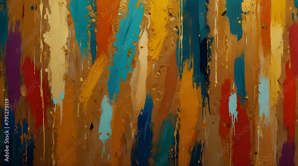 Colorful Art Abstraction, golden grains. Oil on Canvas. Brush the paint. Wallpaper, posters, cards, murals, carpet, hangings, prints. 8K Photos, Generative.AI