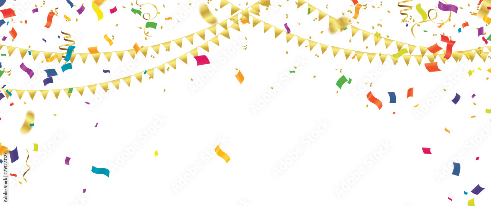 Celebration background template with confetti and streamers on white background. Vector illustration