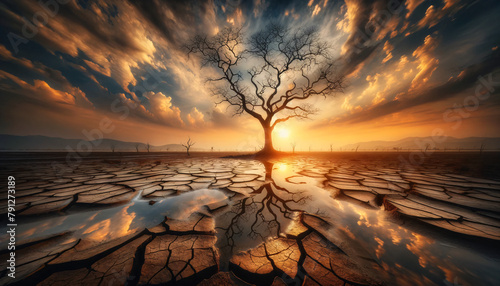 a lone, leafless tree standing in the center of a cracked, dry earth photo