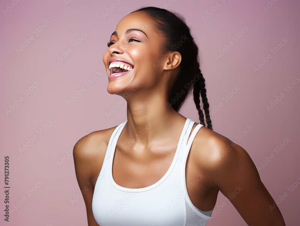 A Afro woman with curly hair is smiling and laughing A Afro woman with curly hair is smiling and laughing