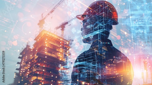 an illustration blending digital building construction engineering with double exposure graphic design. Depict building engineers, architects, or construction workers in action.