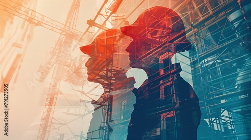 an illustration blending digital building construction engineering with double exposure graphic design. Depict building engineers, architects, or construction workers in action.