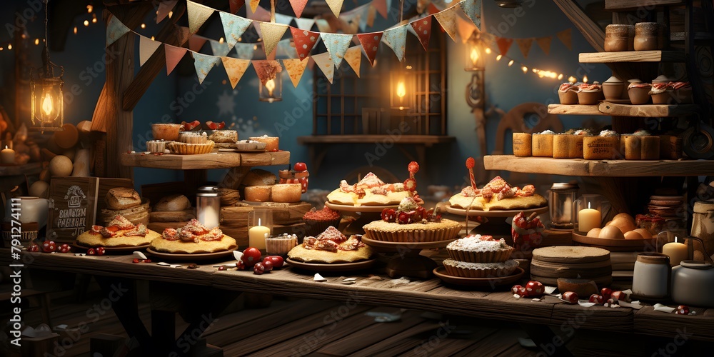 Bakery and pastry shop in night time, panoramic banner