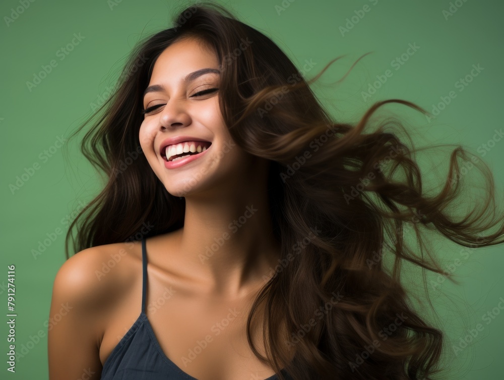 A woman with long brown hair is smiling and laughing A woman with long brown hair is smiling and laughing