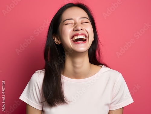 A woman with curly hair is smiling and laughing