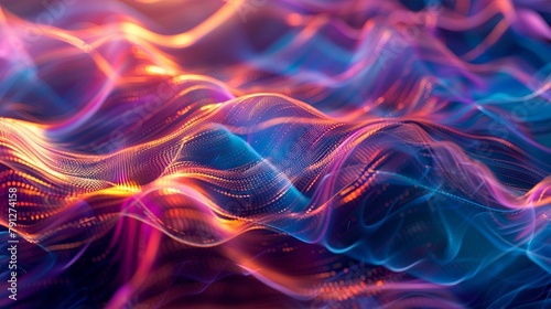 An abstract representation of sound waves rippling through the air, visualized as pulsating waves of color and light.