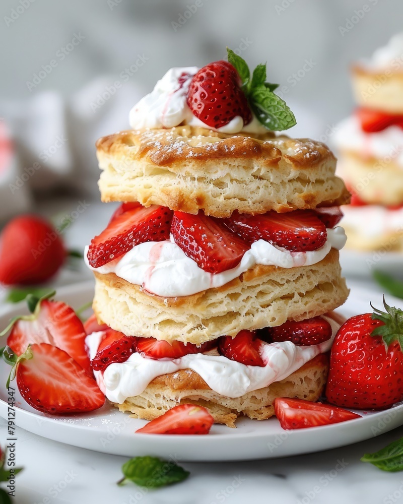 Strawberry Shortcake with Whipped Cream on Plate Strawberry Shortcake with Whipped Cream on Plate