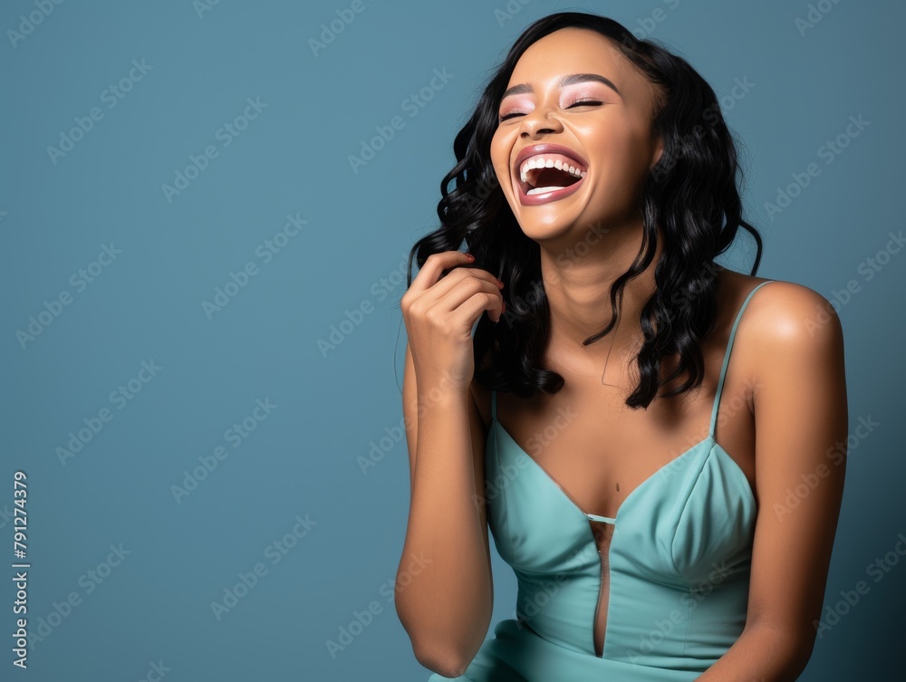 A woman is smiling and laughing while wearing a green dress A woman is smiling and laughing while wearing a green dress