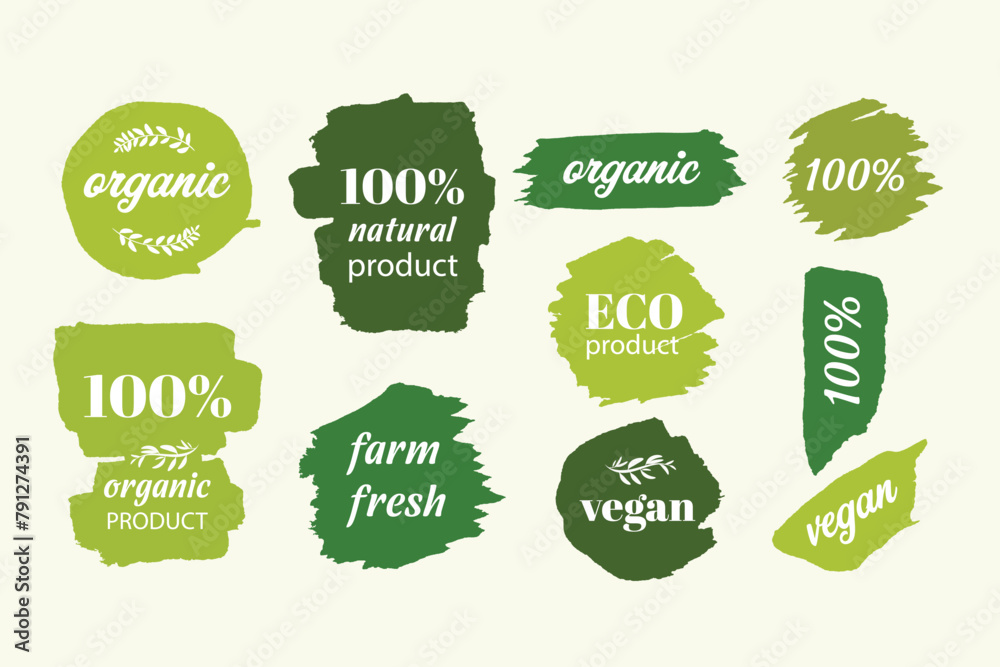 Organic label and natural label banner hand drawn stain brush watercolor. Tag and Sticker Farm fresh logo vegan food mark. Organic label and natural label banner hand drawn stain brush watercolor. Tag and Sticker Farm fresh logo vegan food mark.