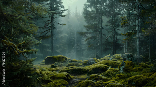 Pine forest scene with mist photo