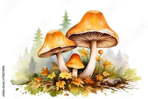 Watercolor mushrooms in autumn forest. Hand drawn illustration isolated on white background