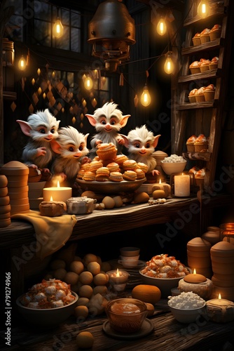 Fairy tale scene with a little pigs and candles in the dark