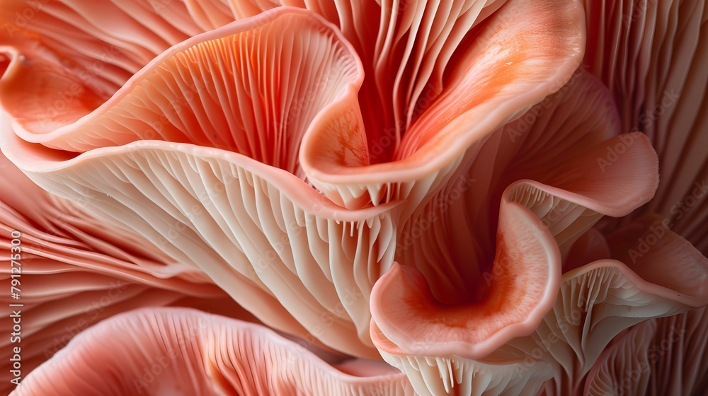 Close up of Red Oyster Mushrooms, showing the fine detail in their fins. Coral coloured Close up of Red Oyster Mushrooms, showing the fine detail in their fins. Coral coloured