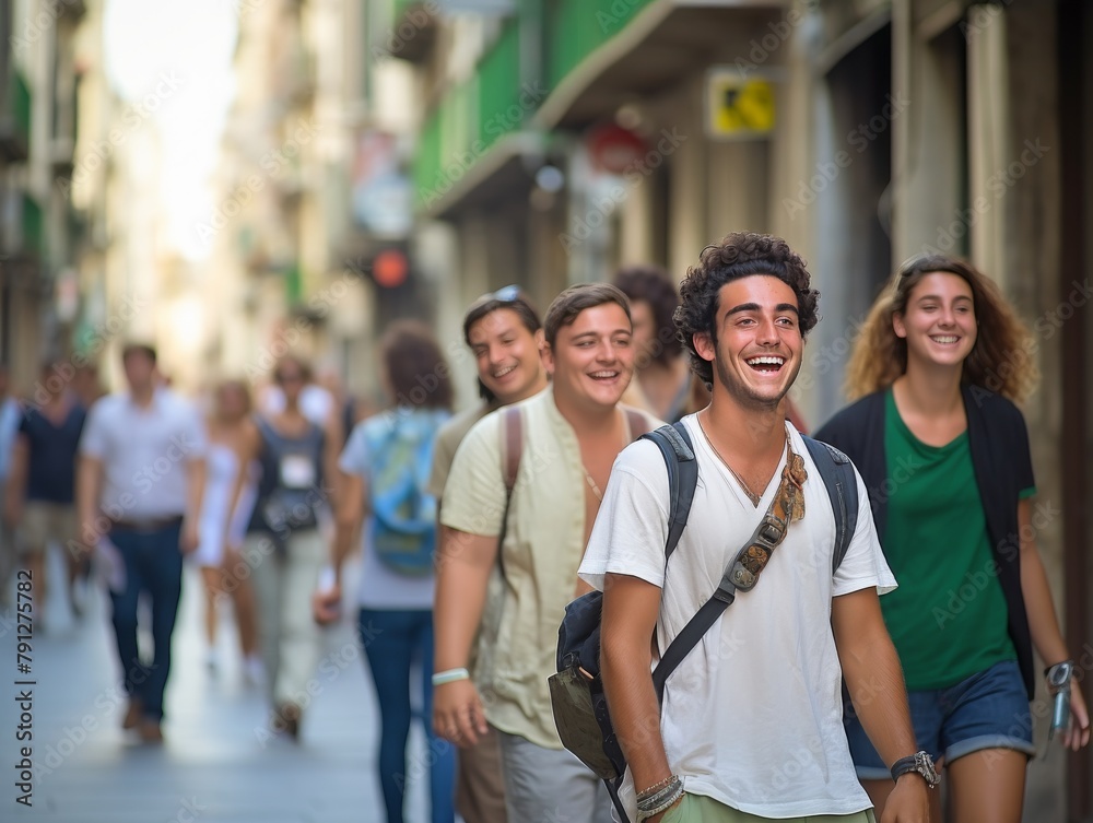 Obraz premium A group of people are walking down a street, with one man wearing a backpack