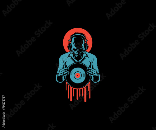 Silhouette of a faceless zombie DJ playing vinyl 