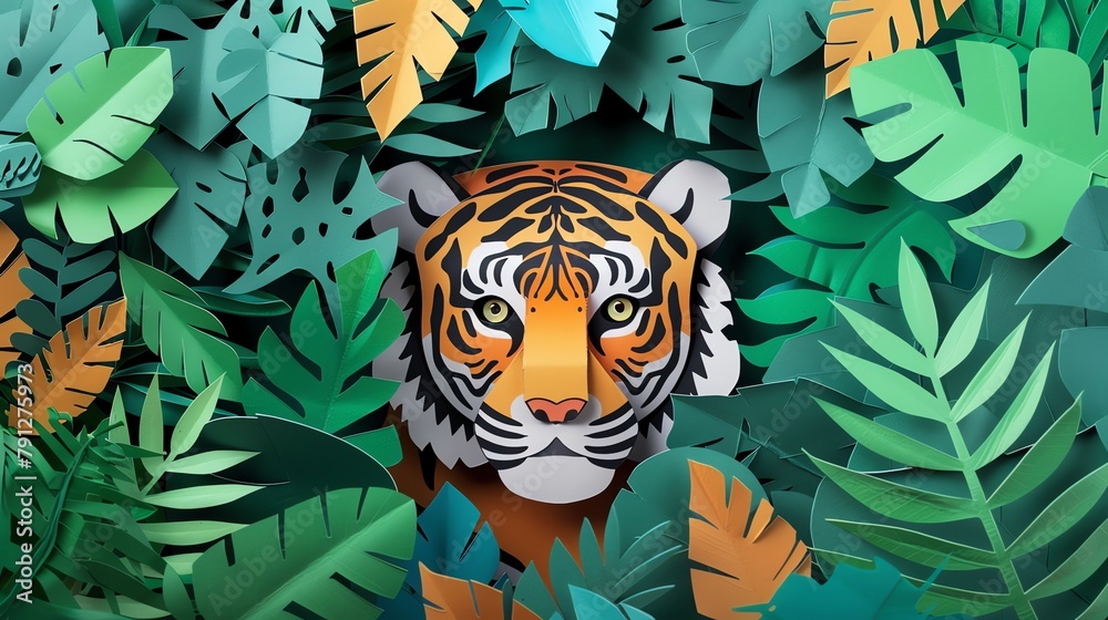 
A cute tiger ,layered paper style, paper folding art, A gorgeously rendered papercraft world, graphic design,