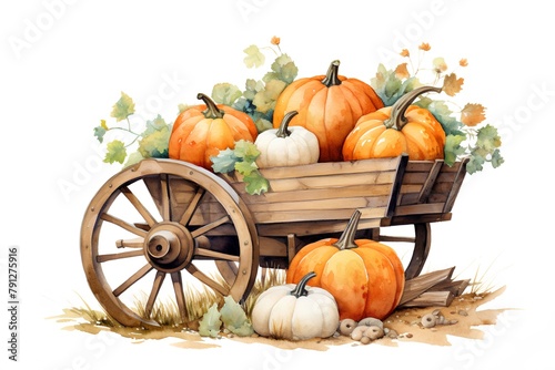 Watercolor illustration of a wooden cart with pumpkins and autumn leaves