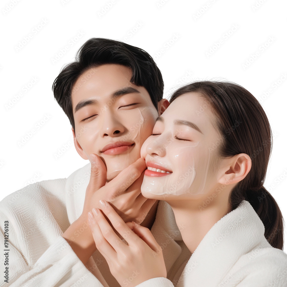 Portrait of a happy couple doing facial treatment and touching face, smiling together isolated on transparent background Portrait of a happy couple doing facial treatment and touching face, smiling together isolated on transparent background