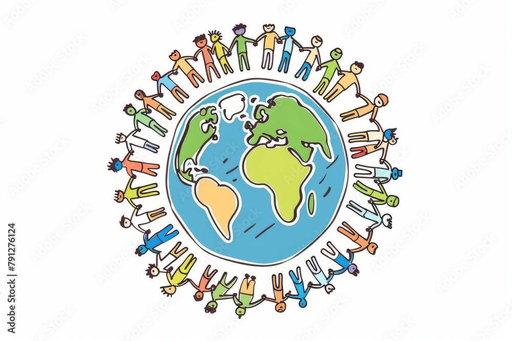 Naklejka premium Cartoon cute doodles of a diverse group of people holding hands around the Earth, symbolizing unity and peace, Generative AI