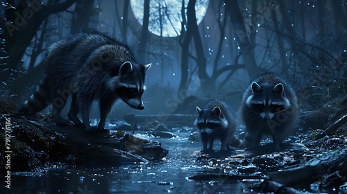 A family of raccoons foraging for food beside a moonlit stream, their masked faces illuminated in the darkness photo