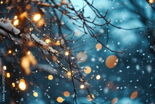 Illumination and snow blurred background,Snowfall in winter forest.Beautiful landscape with snow covered, Ai generated