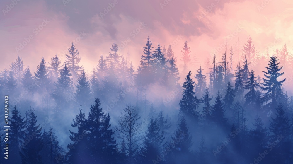 Trees in the fog with a pink sky - obrazy, fototapety, plakaty 
